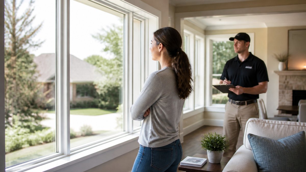 A homeowner standing inside a bright living room looking out through a large newly installed window, a contractor in the background reviewing a clipboard, soft daylight filling the room