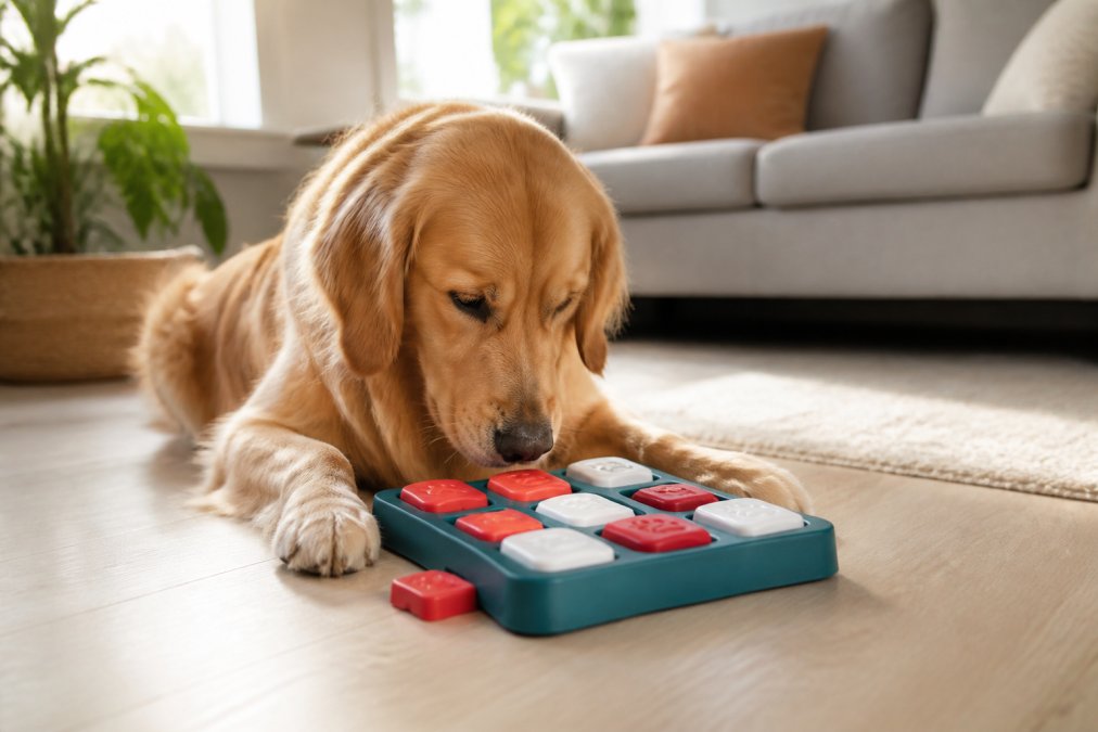 A golden retriever calmly focused on a puzzle toy on a light-colored living room floor, with relaxed body posture and soft eyes, natural afternoon sunlight streaming through nearby windows