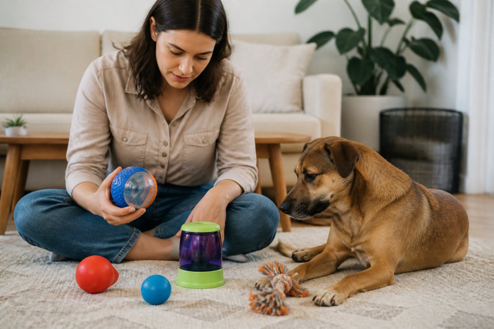 A dog owner sitting on a living room floor beside their medium-sized dog, examining various enrichment toys including a puzzle ball, rope toy, and treat-dispensing toy spread out on the carpet, considering which to select