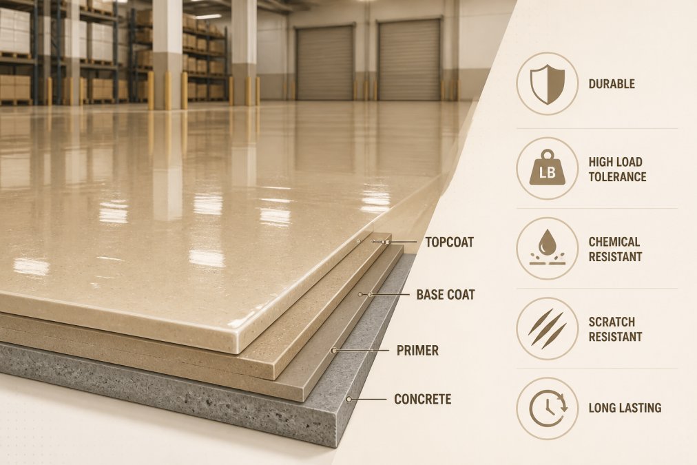 Close-up of a freshly applied epoxy floor coating showing its glossy, seamless finish with light reflecting off the surface, revealing the protective layer's depth in a commercial warehouse setting
