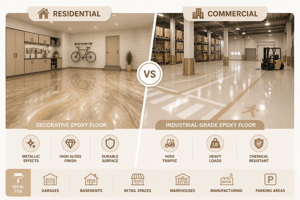 Split-scene showing a residential garage with decorative epoxy flooring featuring metallic effects on one side, and a commercial warehouse with industrial-grade epoxy coating and high-traffic zones on the other