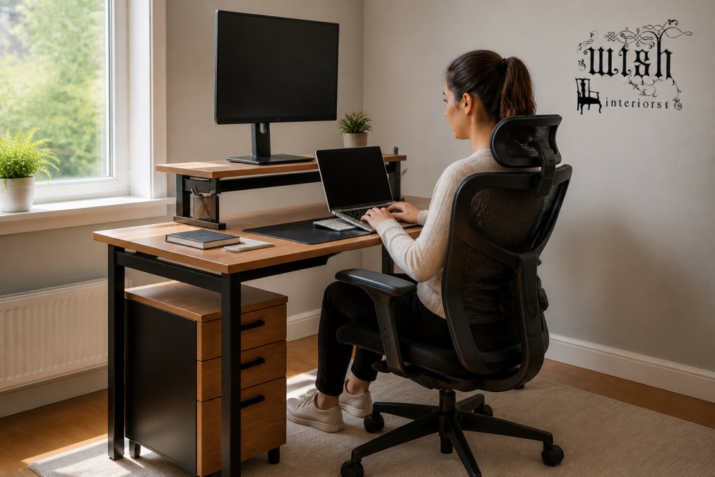 Person working at a wooden desk with ergonomic furniture, sitting upright with feet flat on the floor.