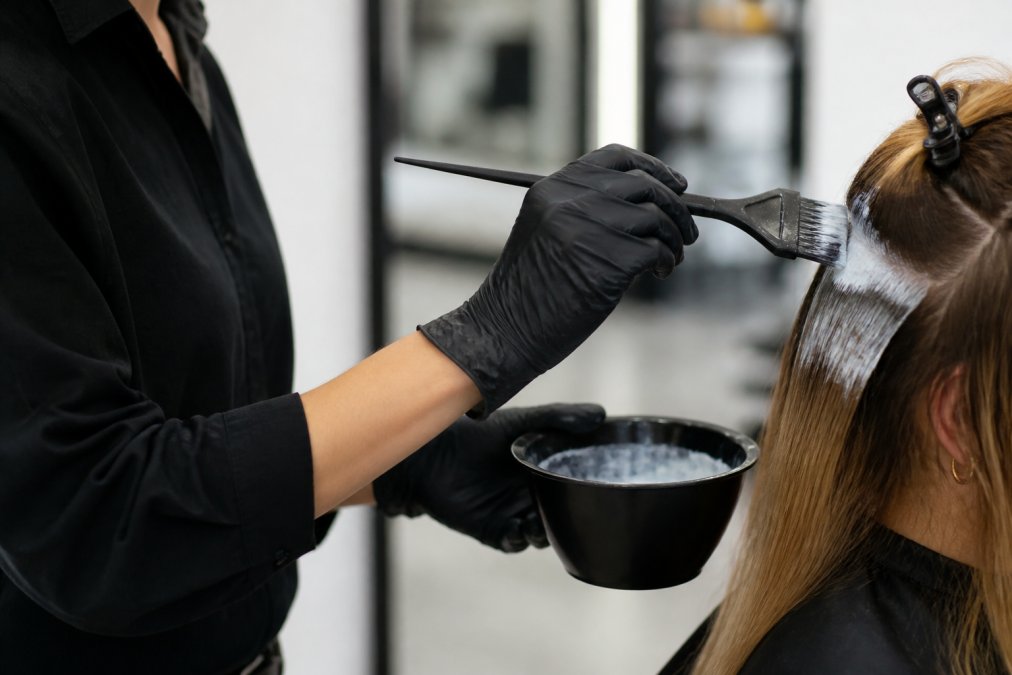 Close-up of a colorist's hands holding an ergonomic tint brush and bowl, showing relaxed grip and proper wrist alignment during a hair coloring service in a bright salon