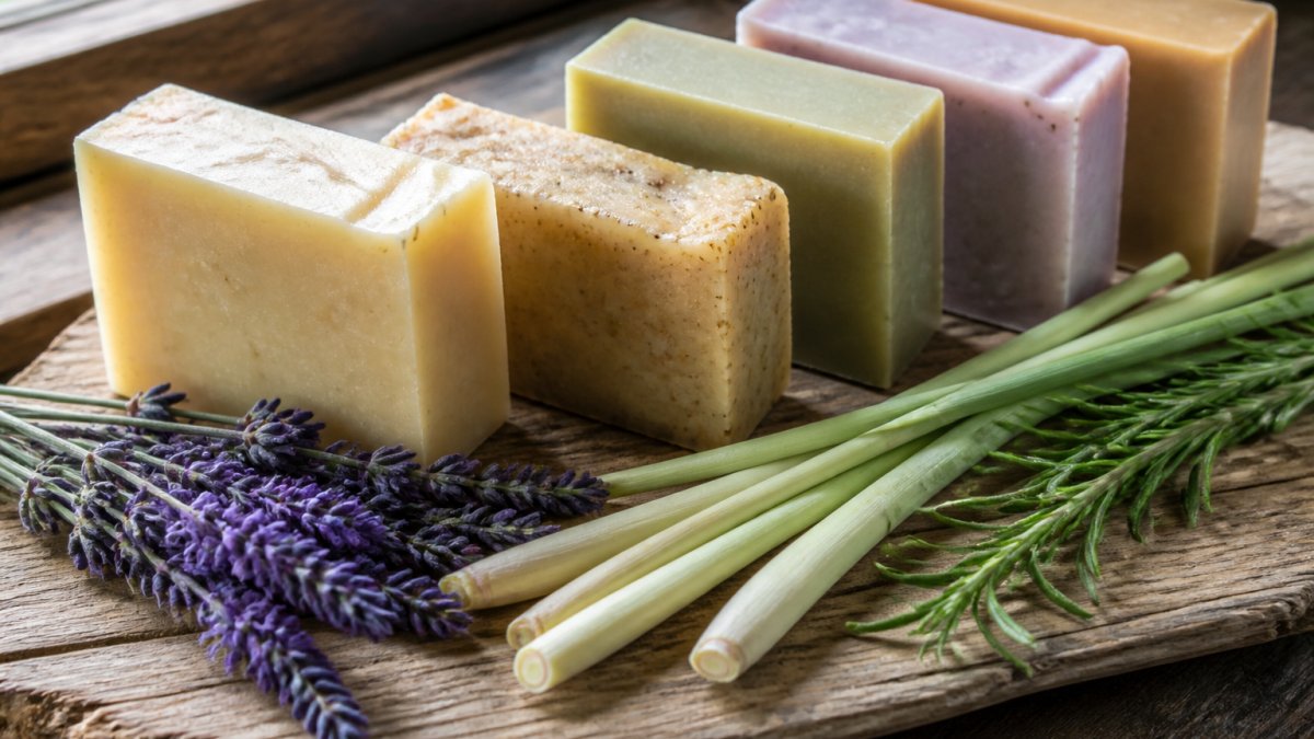 A close-up of several handcrafted cold-process soap bars in natural colors arranged on a weathered wooden board, with sprigs of lavender, lemongrass, and rosemary beside them in soft window light