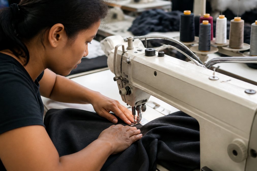 Close-up of a seamstress's hands stitching a heavyweight cotton t-shirt in a clean, well-lit workshop, with spools of thread visible in the background