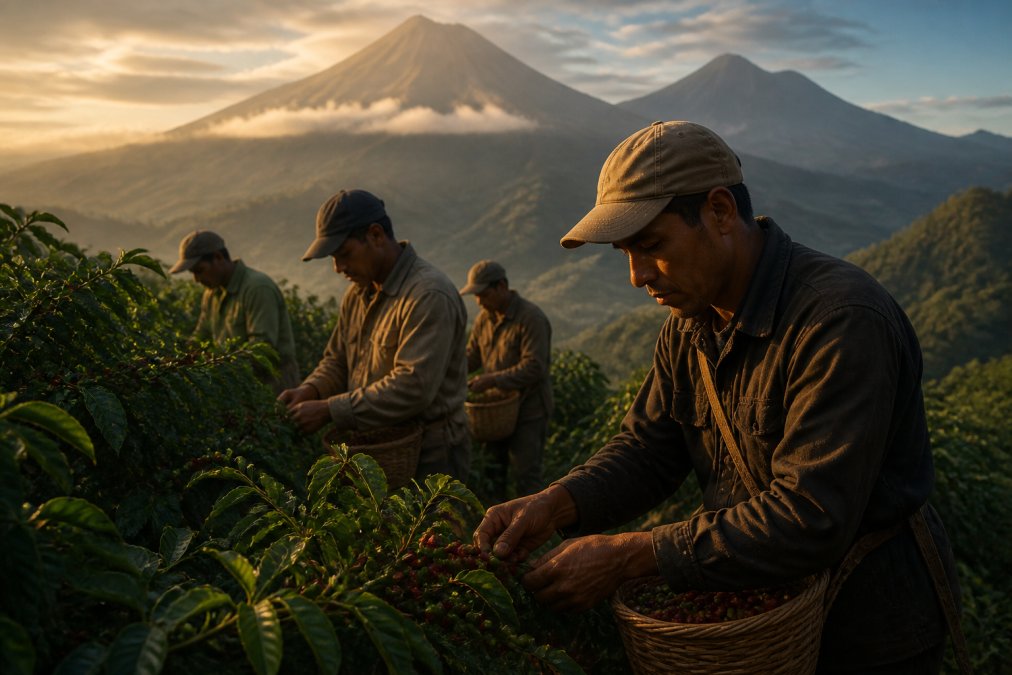 Small-scale farmers hand-picking ripe coffee cherries for ethically sourced coffee in a volcanic mountain field.