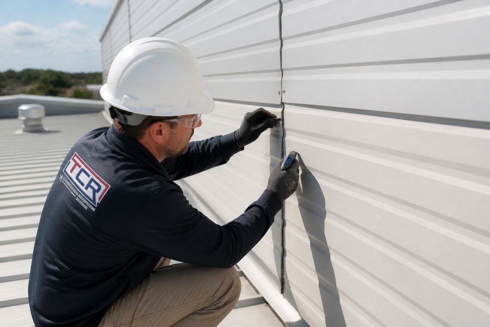 Professional technician inspecting insulated metal panel seams on industrial building exterior, checking thermal insulation layer and fastener integrity with measurement tools in bright daylight