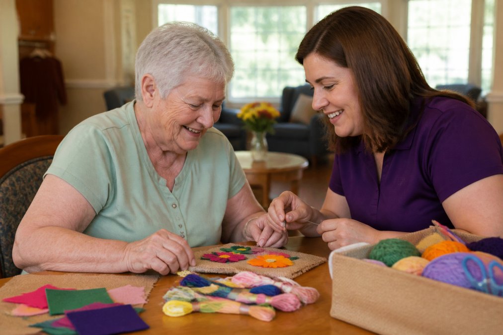 Older adult and caregiver engaged in a meaningful activity together at a table in a warm, sunlit community room, both smiling and focused on a craft project, showing genuine connection and purposeful engagement