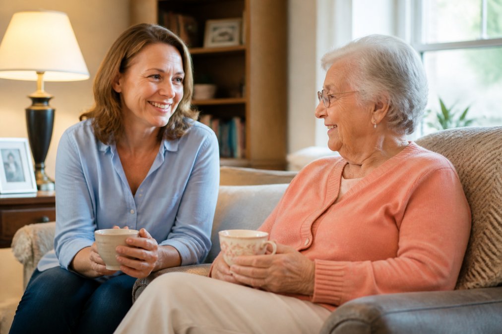 Adult child and aging parent sitting together in a comfortable living space, having a relaxed conversation over tea, showing genuine emotional connection, trust, and ease in each other's presence