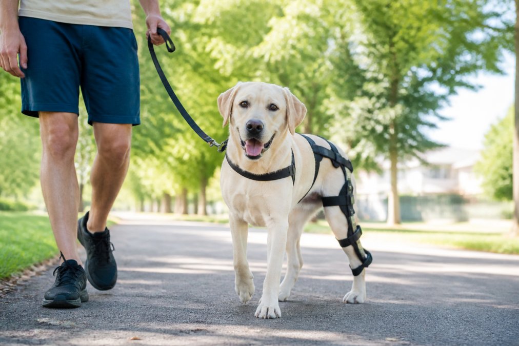 Dog wearing a supportive orthopedic brace during a comfortable walk with owner in bright outdoor setting, showing ease of movement and companionship