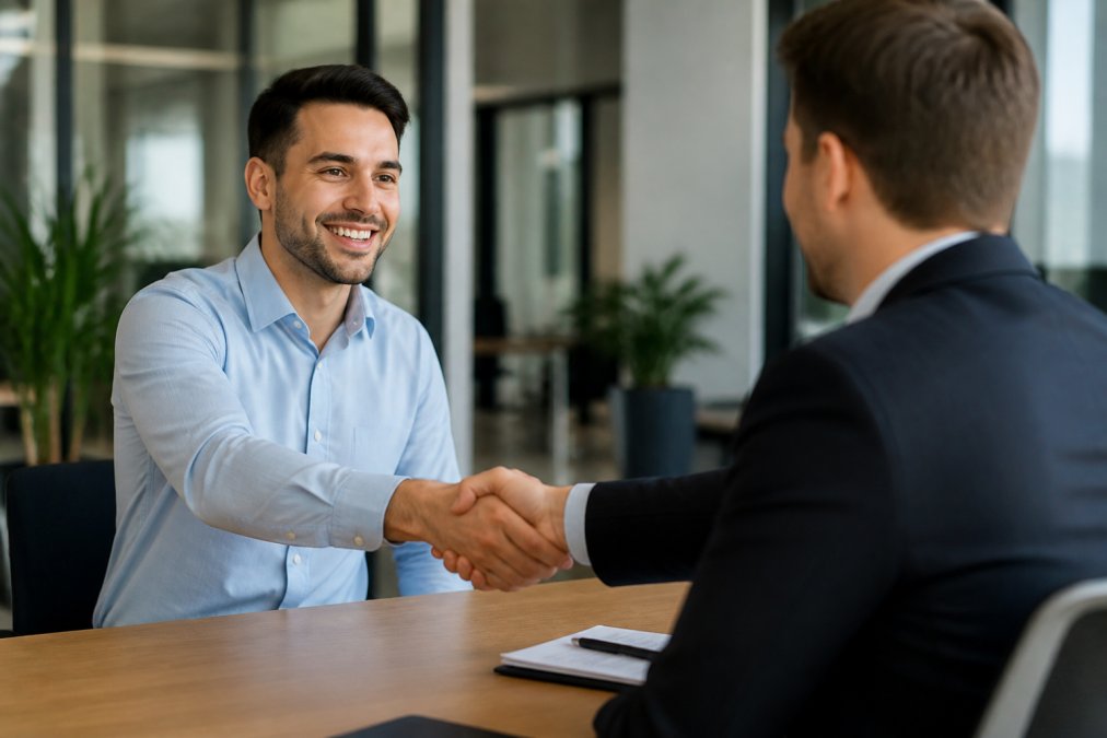 A person in business casual attire smiling while shaking hands with a hiring manager in a bright office, conveying a fresh start and new opportunity