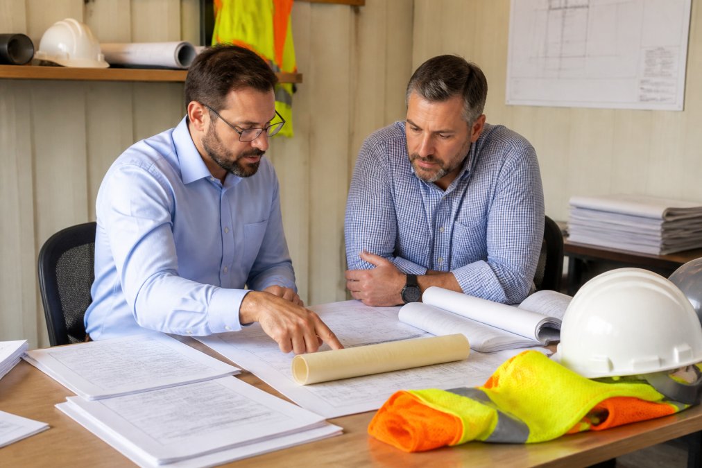 External claims consultants reviewing contract documents and project schedules at a construction site office