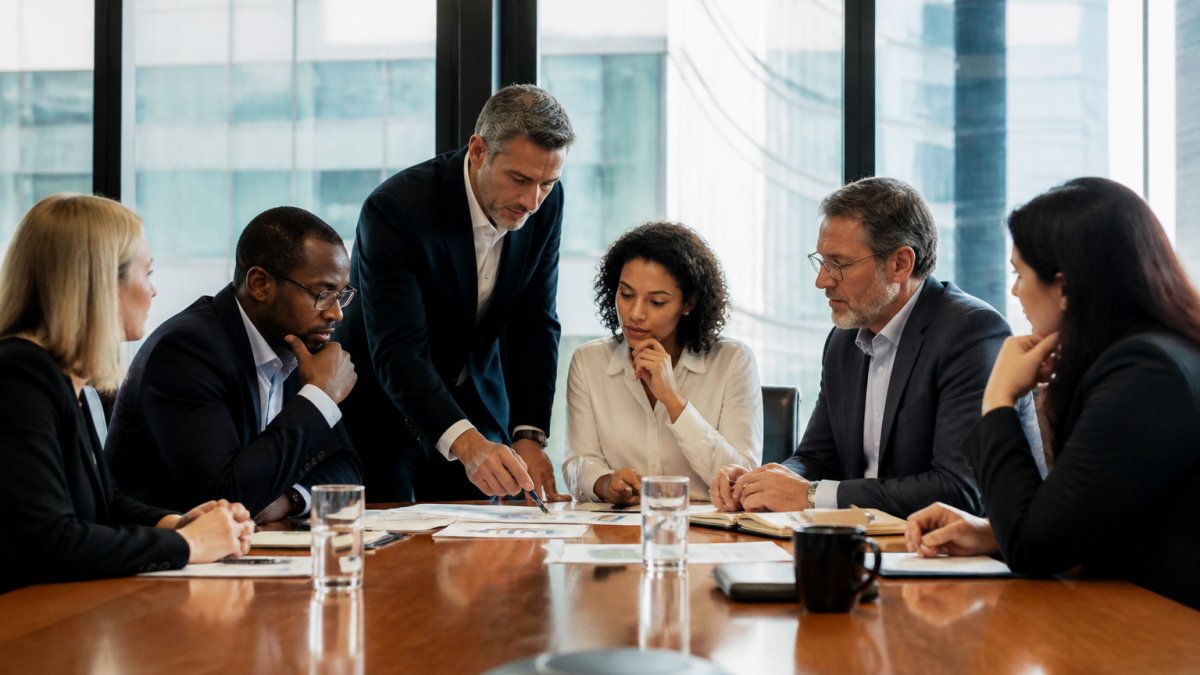 Diverse executive team collaborating in a boardroom to strategize with external leadership consultants.