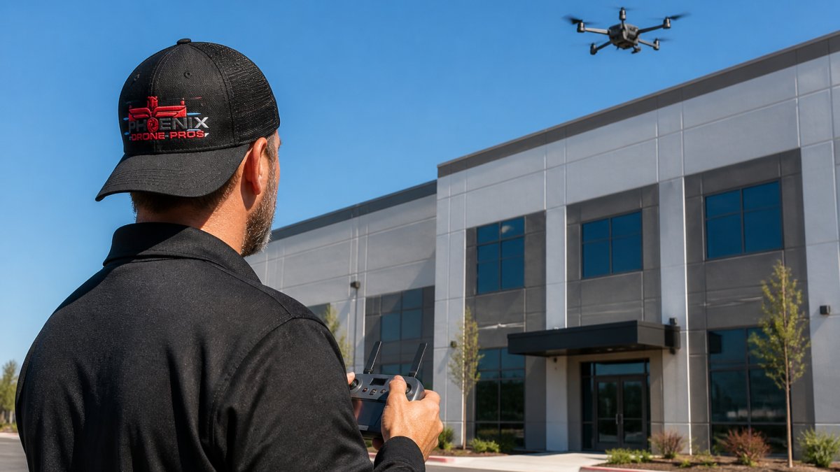 Professional drone pilot holding remote controller while monitoring a commercial building during aerial inspection, with drone visible in clear sky above the structure