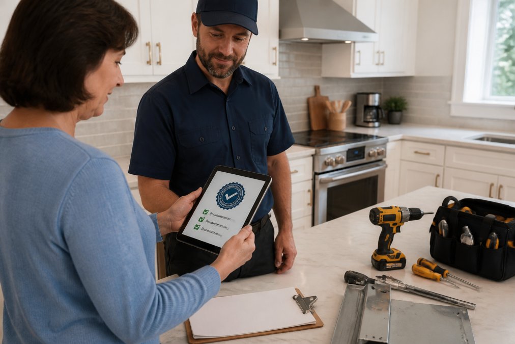 A homeowner reviewing a certification badge on a tablet while a technician in uniform stands by, with a checklist visible on the tablet screen, in a bright kitchen setting