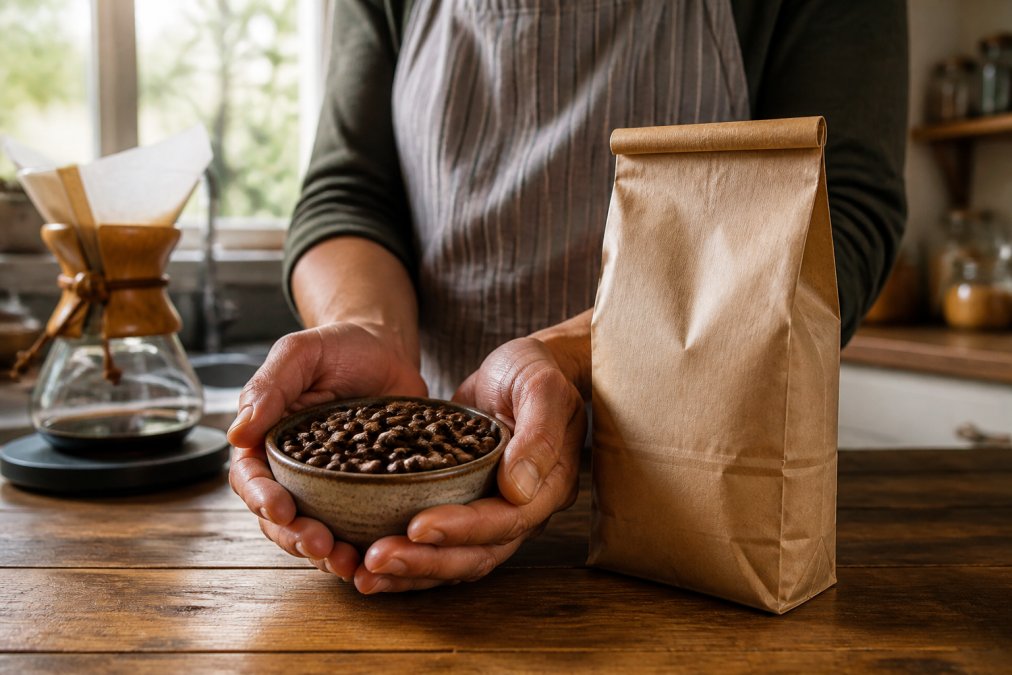 Close-up of hands holding a small bowl of freshly roasted coffee beans next to a paper bag with a visible certification seal, on a wooden kitchen counter with a pour-over setup in the background
