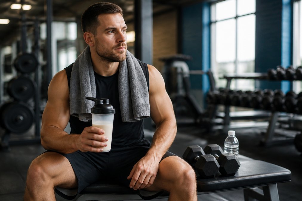 Athlete in gym holding protein shake after workout, dumbbells and water bottle visible on bench, natural gym lighting, showing post-workout recovery moment
