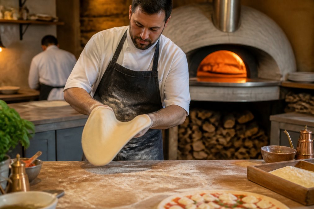 A pizzaiolo stretching dough in a family owned pizzerias kitchen with a glowing brick oven in the background.