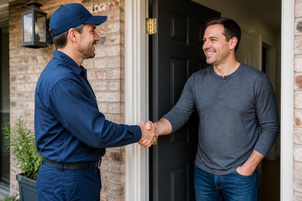 Professional plumber in work uniform shaking hands with homeowner at residential front door, both smiling, natural daylight