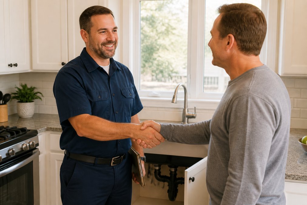 Professional plumber in uniform shaking hands with homeowner in kitchen, discussing plumbing work with direct eye contact and professional confidence