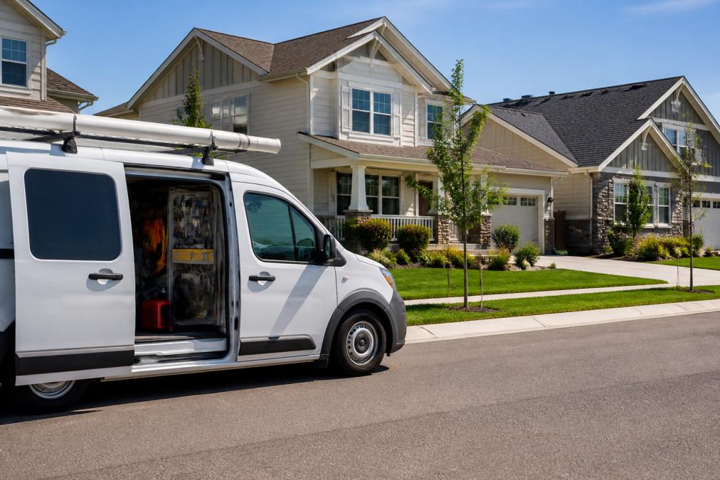 Family-owned plumbing business storefront or work van with company name visible, parked in residential neighborhood with homes in background