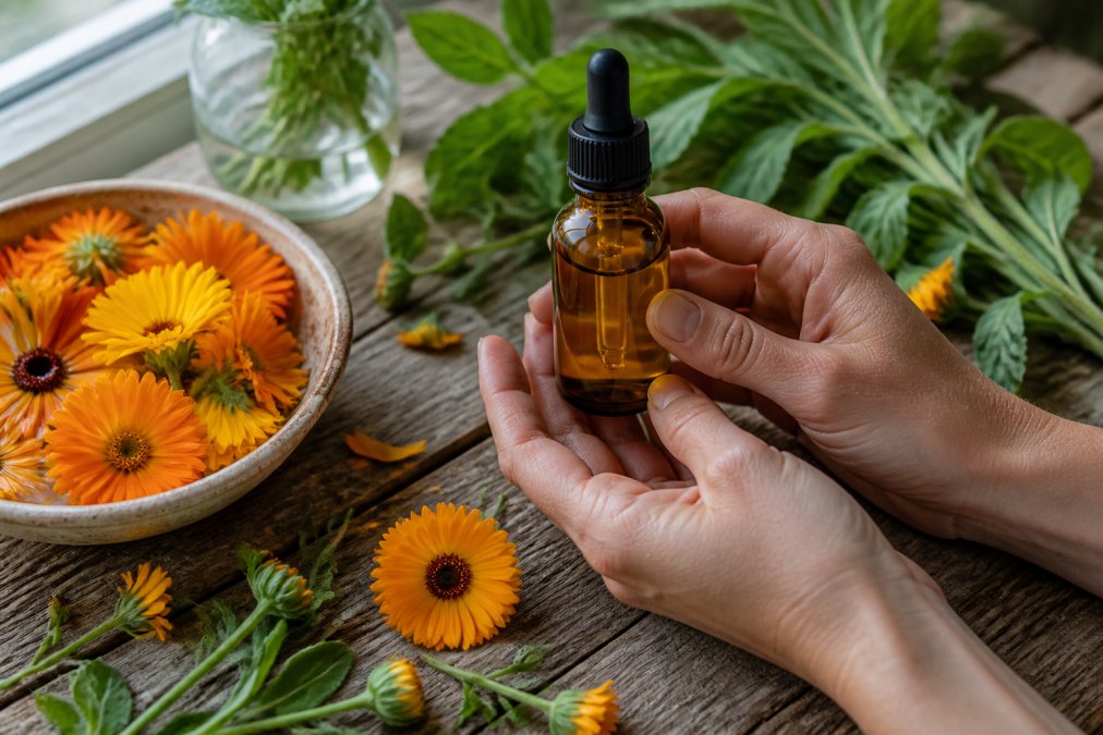 Close-up of hands holding a small amber glass bottle of golden face oil surrounded by fresh calendula flowers and green leaves on a rustic wooden table, soft natural window light