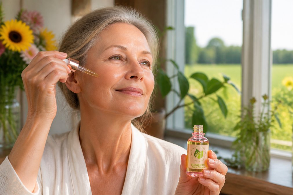 Woman in her 50s with calm, glowing mature skin applying botanical serum with dropper, soft natural morning light streaming across her face