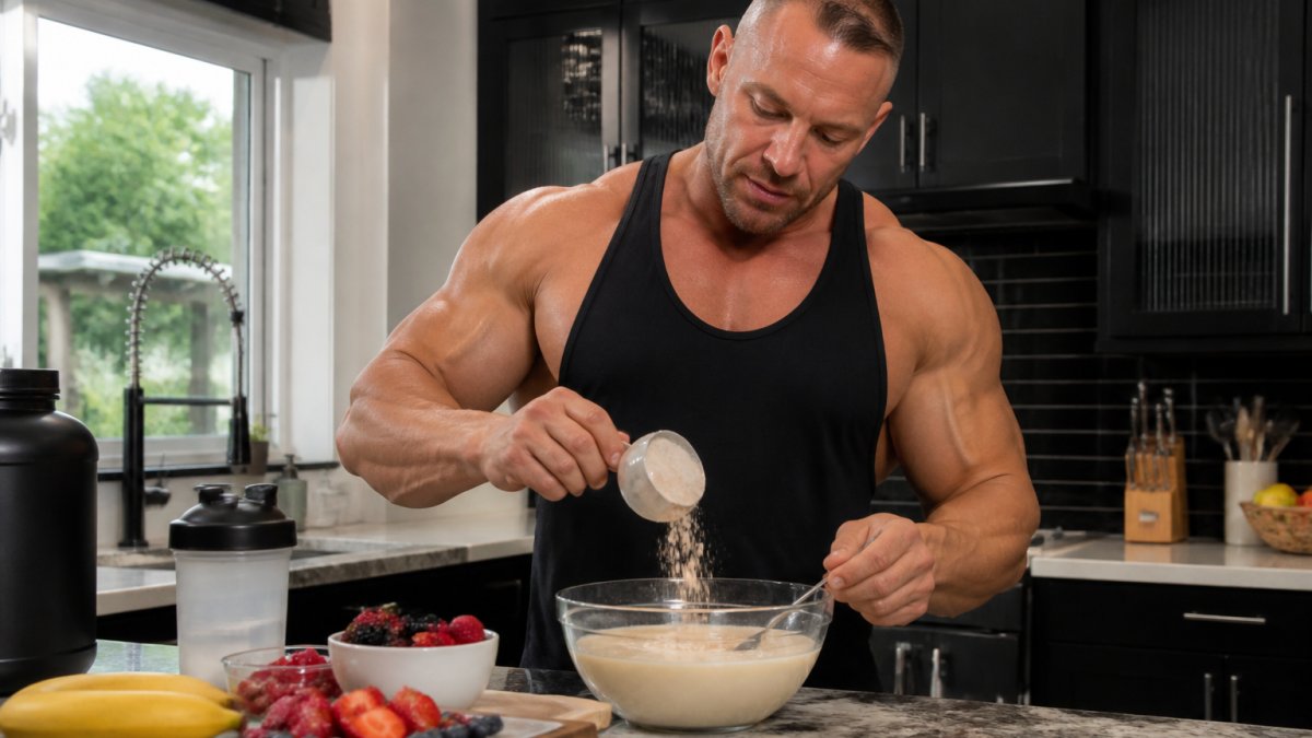 A muscular athlete in a gym kitchen mixing a bowl of cream of rice with a scoop of protein powder, with fresh fruit and a shaker bottle on the counter nearby