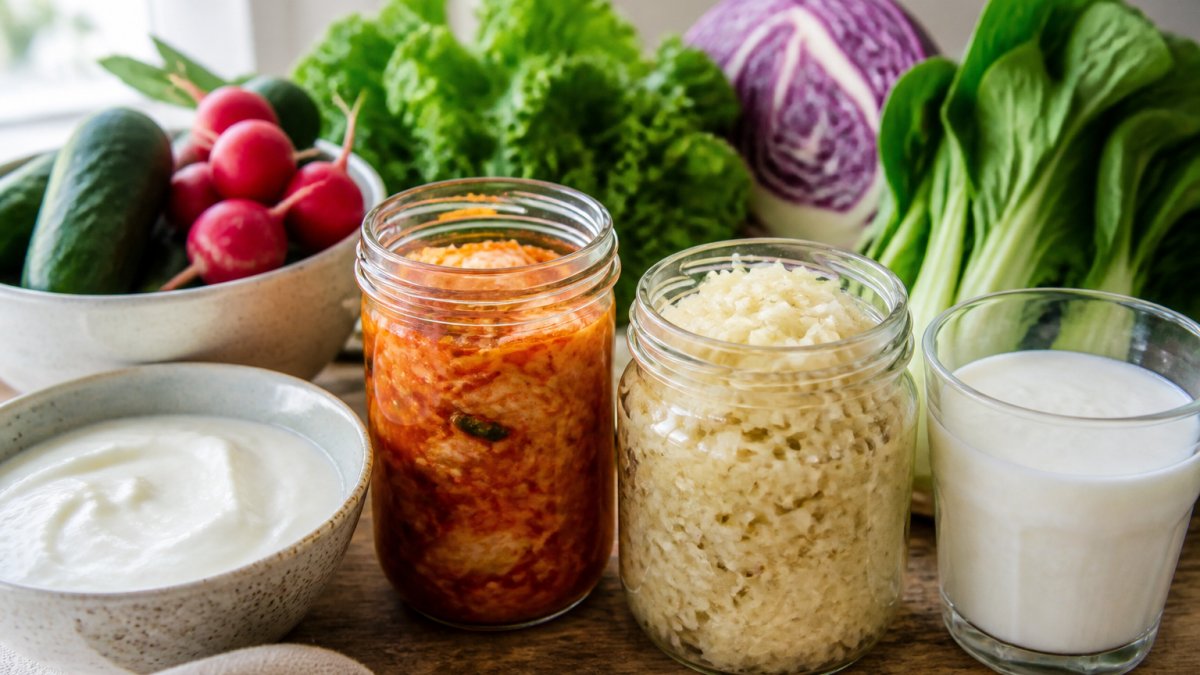 A colorful spread of fermented foods on a wooden table: a bowl of plain yogurt, a jar of kimchi, sauerkraut, kefir in a glass, and fresh vegetables, shot in natural light