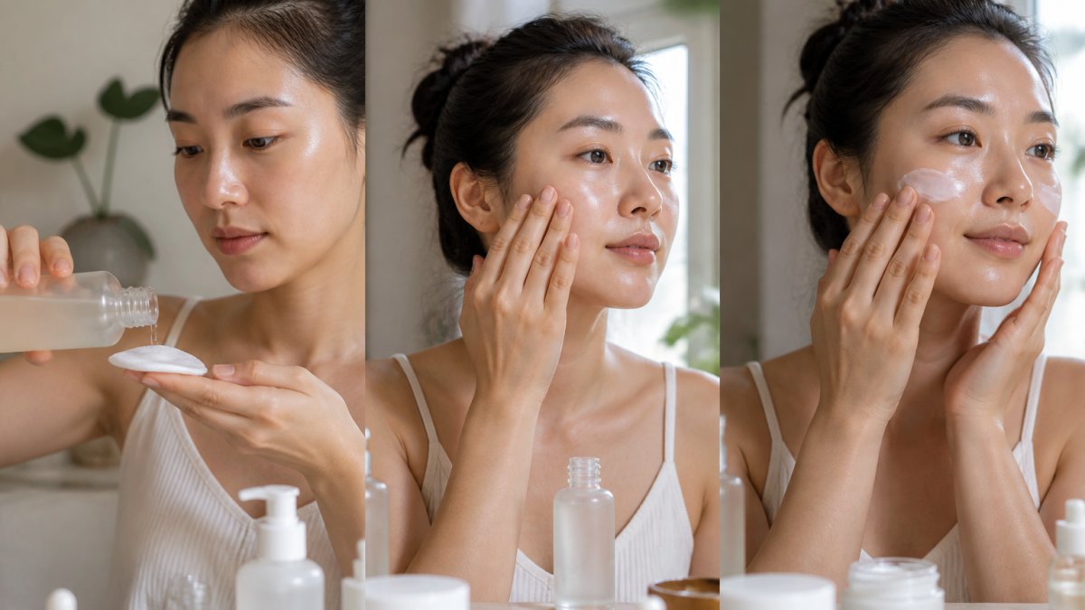 Close-up of hands applying layered fermented skincare products in sequence on clean skin, showing toner on a cotton pad, serum being patted in, and cream being gently pressed into the face in natural window lighting