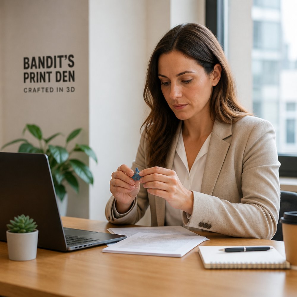 Professional at clean desk using a small quiet fidget toy in their hands while reviewing documents on laptop, natural office lighting, focused expression