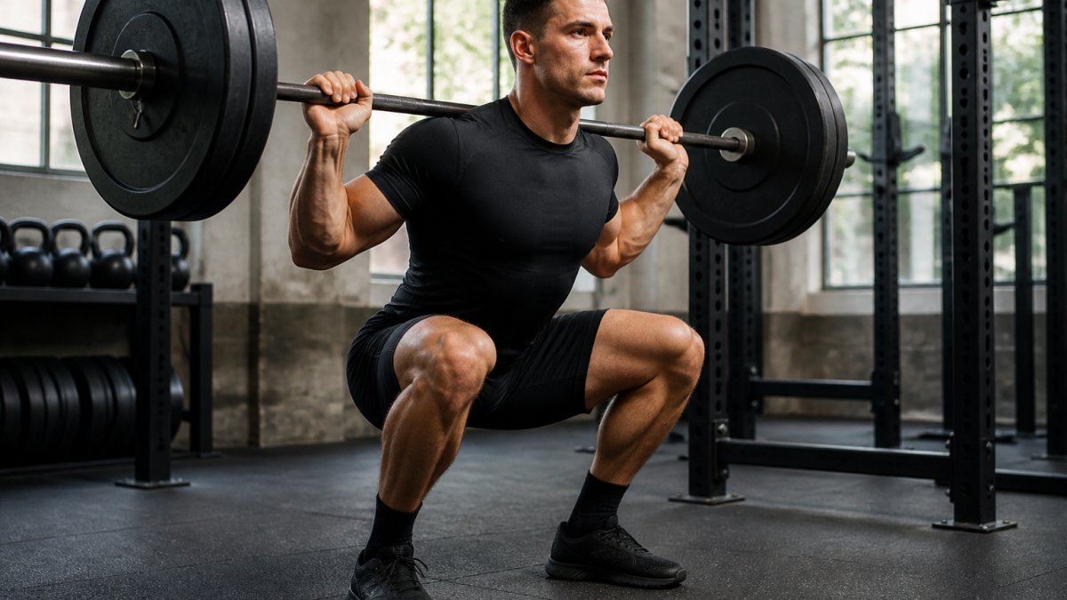Muscular athlete performing a barbell squat while wearing fitted black athletic shorts and compression shirt, showing how the garment contours to the quadriceps and glutes without bunching, in a well-lit gym with natural lighting