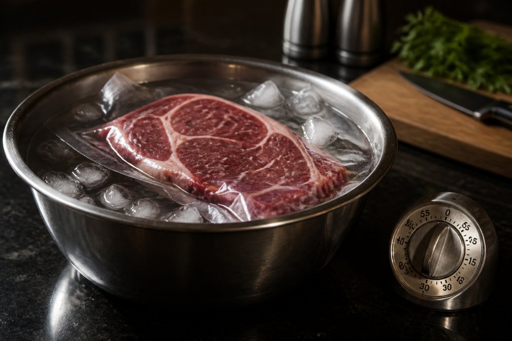 Diagram showing the 45-minute cold water submersion process to safely thaw flash frozen meat in a sealed bag.
