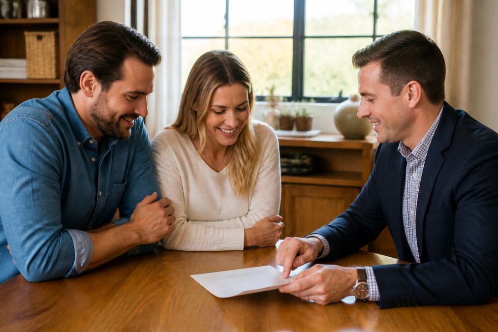 A financial advisor and a couple reviewing a one-page fee schedule at a bright wooden table, both looking engaged and relaxed