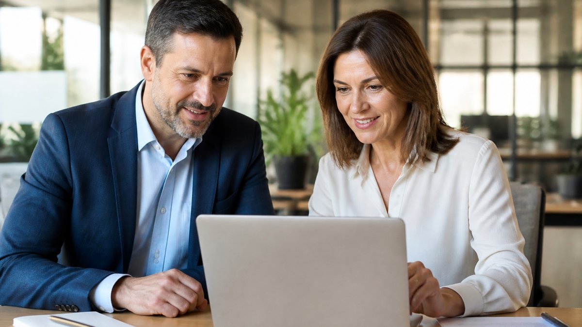 Business owner and consultant reviewing a flat fee IT support budget on a laptop in a bright office
