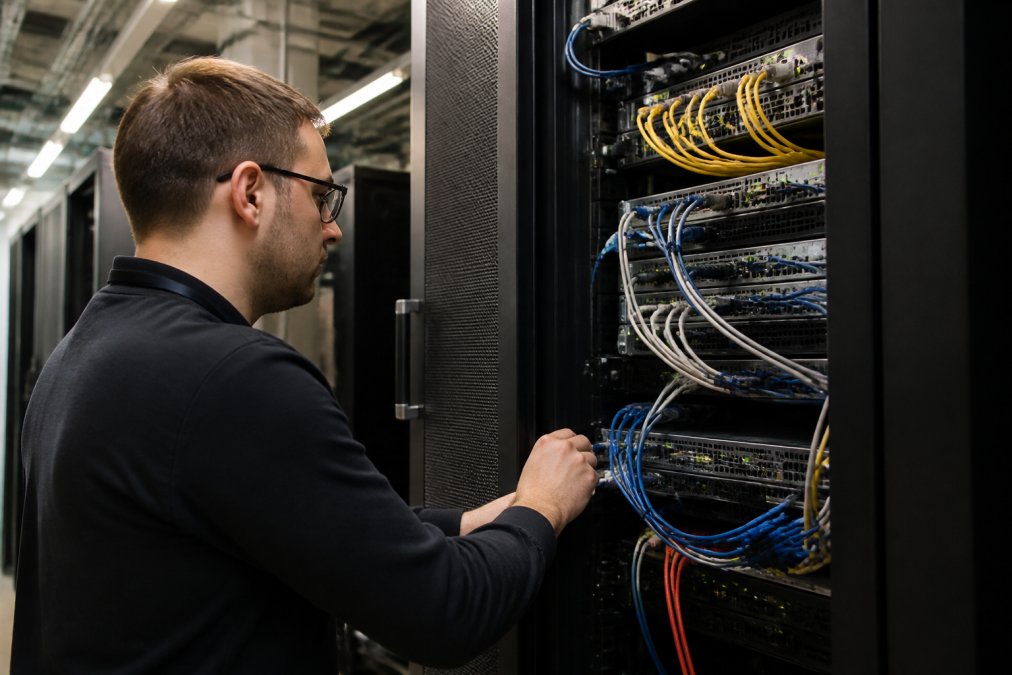 IT technician monitoring multiple screens displaying network dashboards, system alerts, and performance metrics in a modern control room with focused attention on real-time data