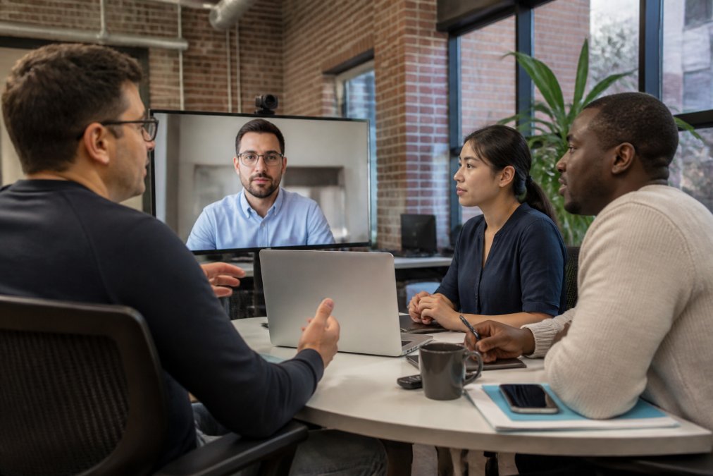 Remote IT support team collaborating in modern office environment, multiple technicians discussing technical issues while video conferencing with a client on a large monitor, professional and focused atmosphere
