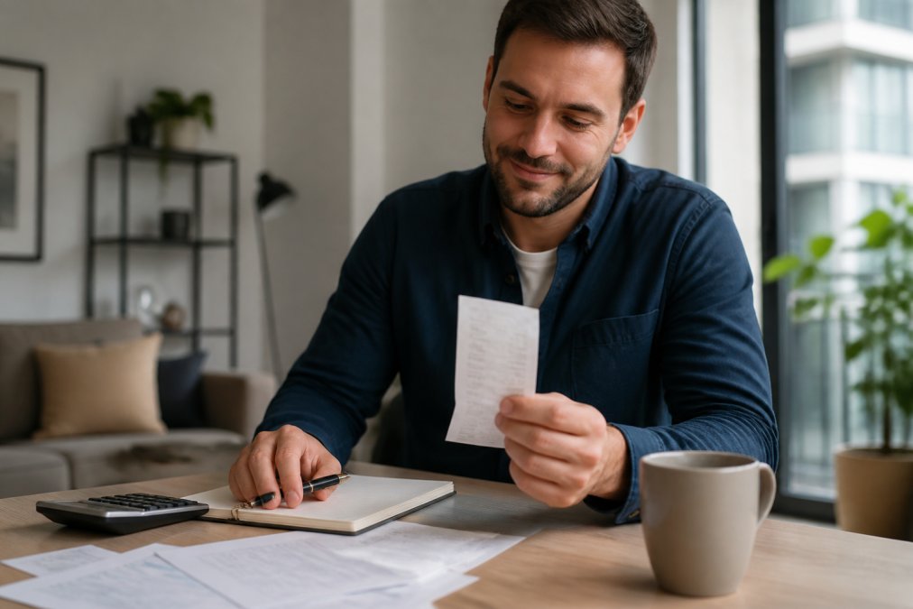 A busy professional reviewing a clean laundry receipt showing transparent flat-rate pricing with a satisfied expression, standing in modern apartment with natural window lighting