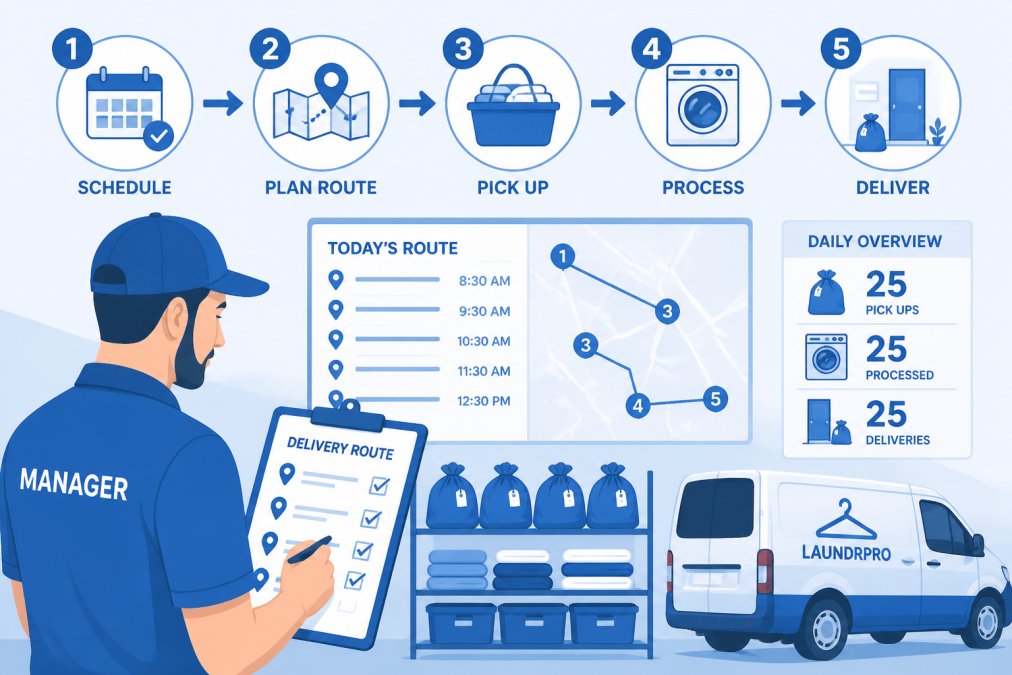 Laundry service manager checking off items on a delivery route clipboard with organized workflow visible in background, showing operational efficiency and planning