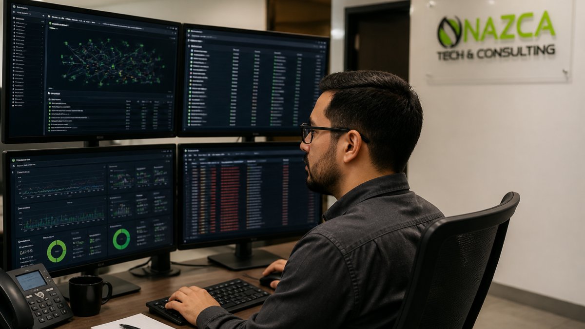 Professional IT technician monitoring multiple computer screens displaying network performance dashboards and system alerts in a modern control center