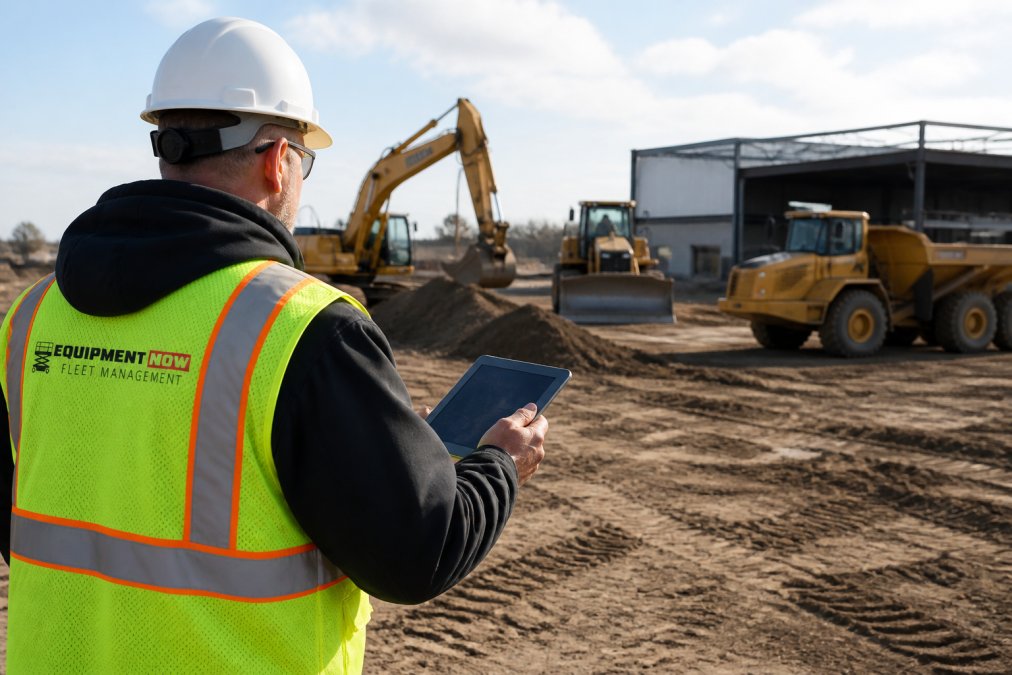 Construction supervisor reviewing real-time equipment tracking dashboard on tablet at job site with multiple heavy machines visible in background and clear job site lighting