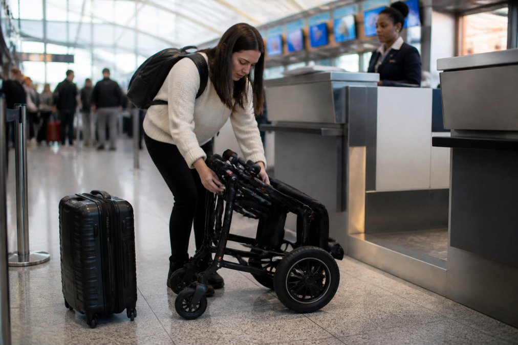 Traveler folding a lightweight carbon fiber power wheelchair at an airport check-in desk before a flight