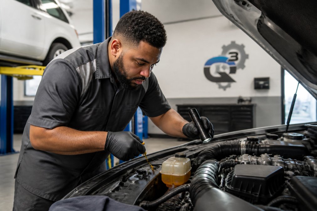 Professional automotive technician in uniform inspecting engine compartment with diagnostic tools, checking fluid levels and components under bright shop lighting