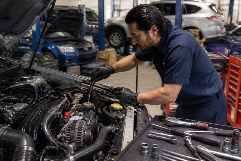 Professional technician performing detailed under-hood inspection on a Japanese vehicle, checking fluid levels, belts, and hoses with diagnostic tools organized on the workbench nearby