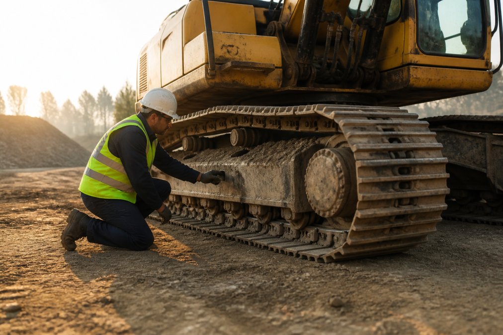 A certified excavator operator in full PPE performing a pre-shift inspection on a large excavator at a construction site, checking the undercarriage and hydraulic lines in early morning light
