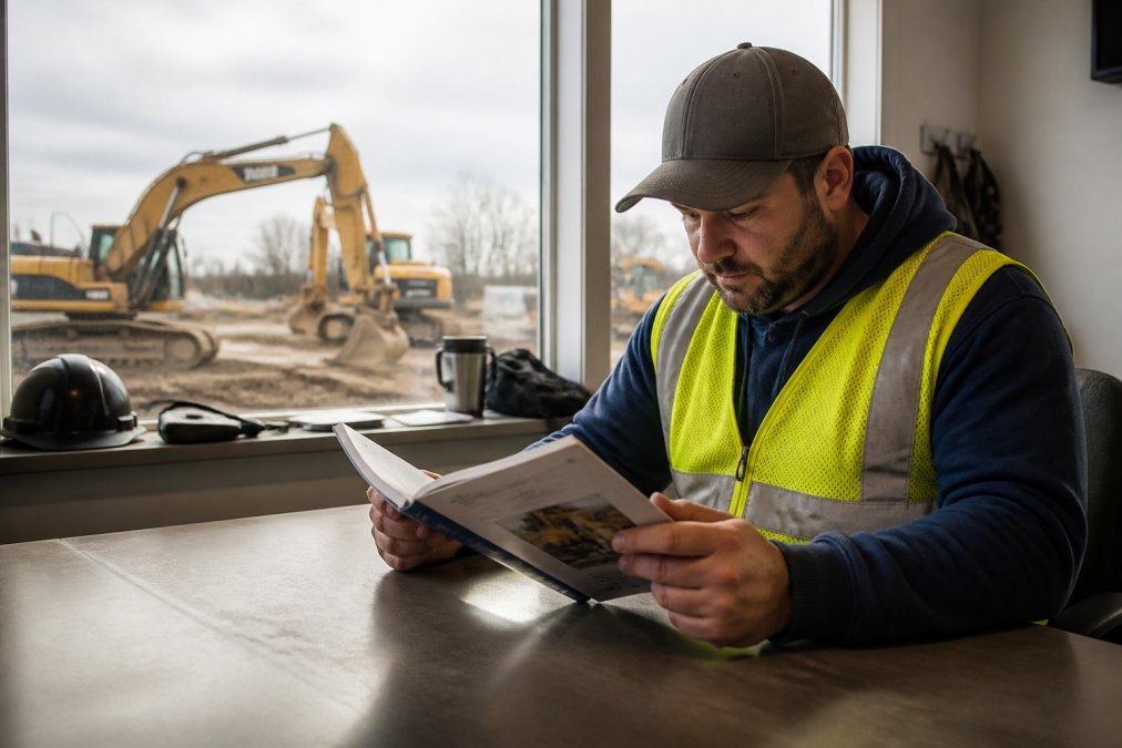 A confident heavy equipment operator in a high-visibility vest reviewing a training manual or certification document in a site office, with excavators visible through the window in the background