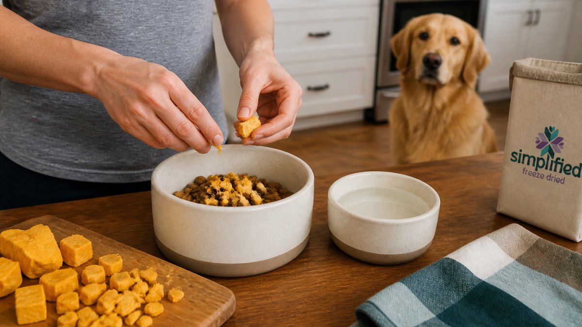 A pet owner's hands crumbling freeze-dried pumpkin pieces into a ceramic dog bowl beside a small dish of water, with a dog waiting patiently in the background of a bright kitchen