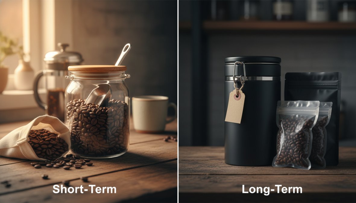 An assortment of coffee storage containers arranged on a warm-toned kitchen shelf: a matte black ceramic canister with a rubber-sealed lid, a kraft paper bag with a one-way valve pressed flat, and a clear glass mason jar partially filled with dark roast beans, lit by soft overhead ambient light