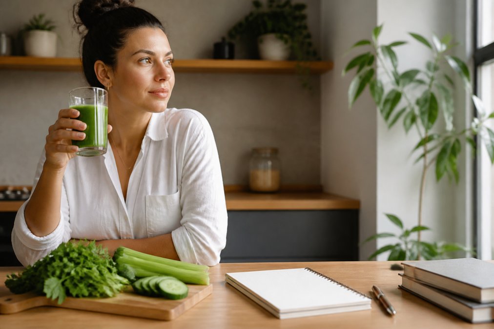 A busy professional holding a fresh glass of cold-pressed green juice in natural morning light, with fresh leafy greens, cucumber, and celery on a wooden counter nearby