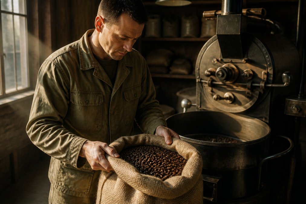 A person in a rustic kitchen holding an open burlap bag of freshly roasted coffee beans, with a vintage-style drum coffee roaster in the background, warm natural window light casting long shadows